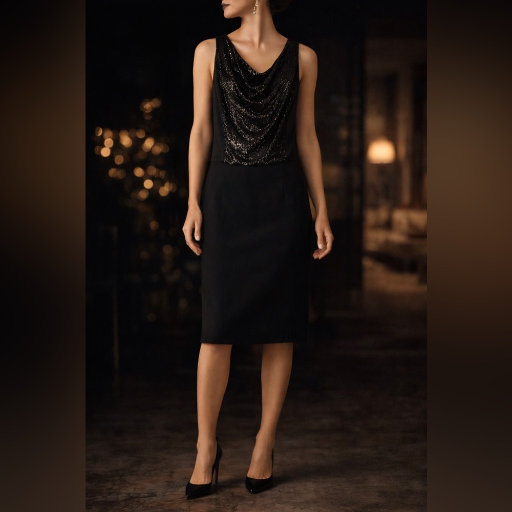 Tory Burch Black Sequin Cowl Neck Wool Sheath Dress Women’s Small Cocktail